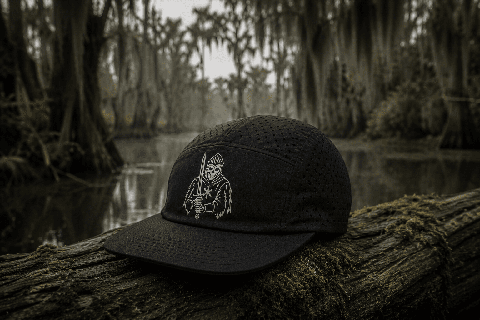 NORTHSTAR black performance running hat resting on a mossy log in a Louisiana bayou
